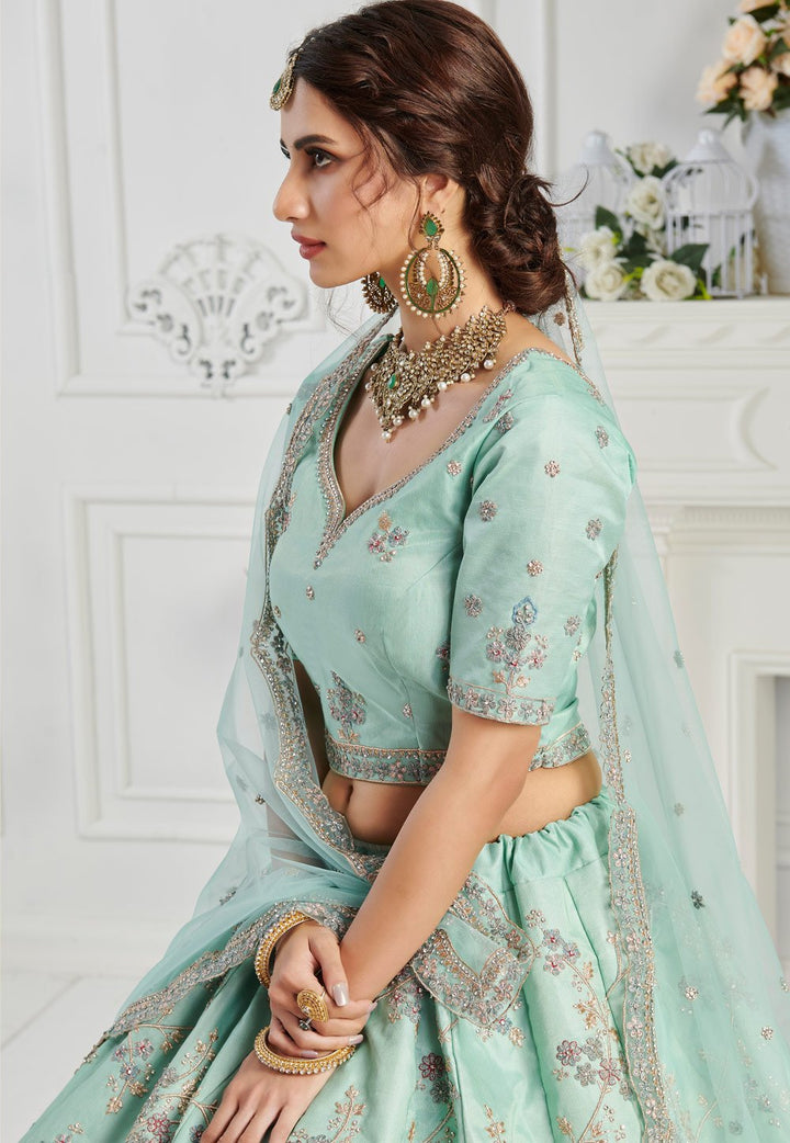 Pale Turquoise Sequins Embroidered Silk Bridal Lehenga Choli