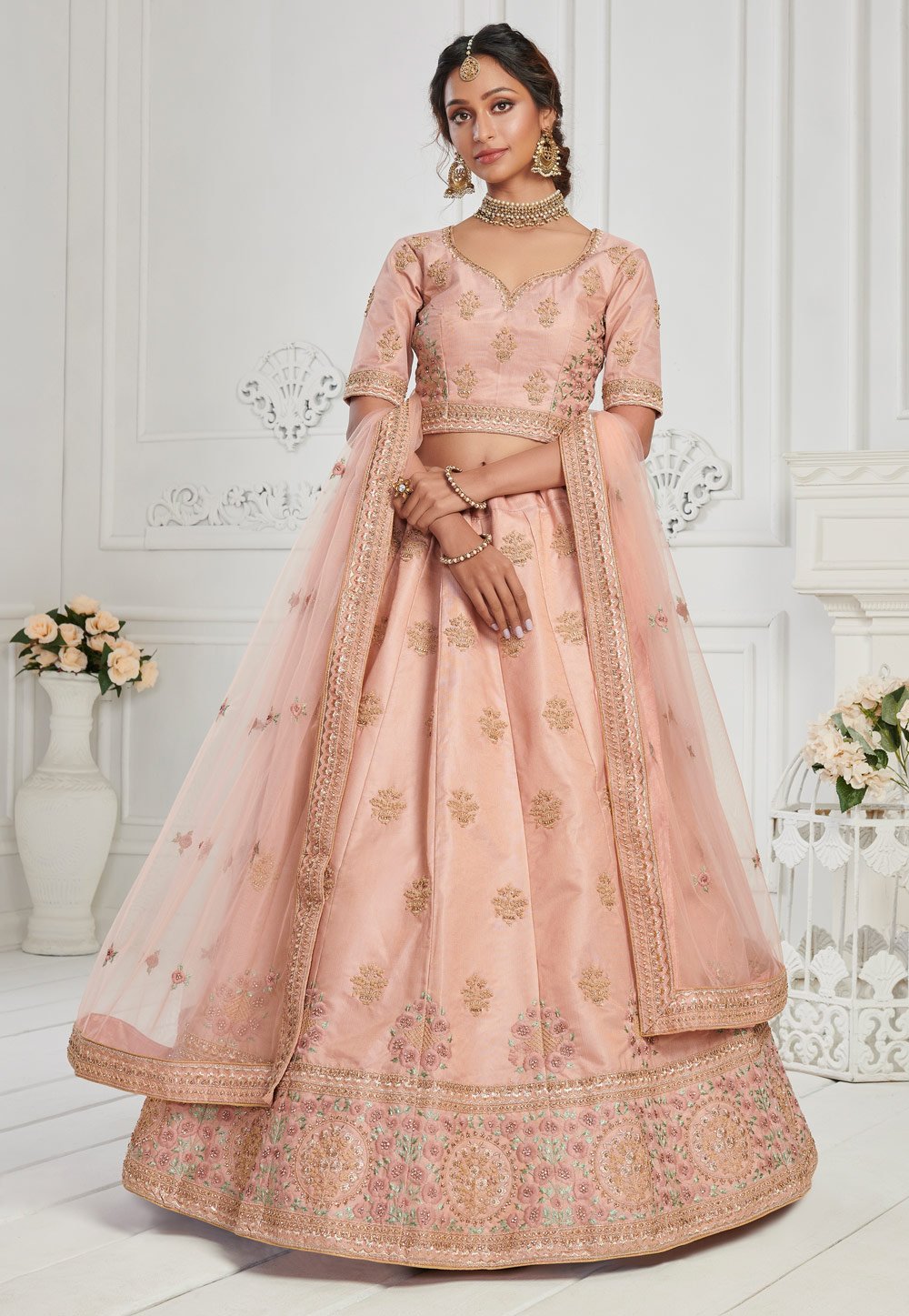 Peachy Pink Sequins Lehenga - Shop Embroidered Bridal Lehenga Choli