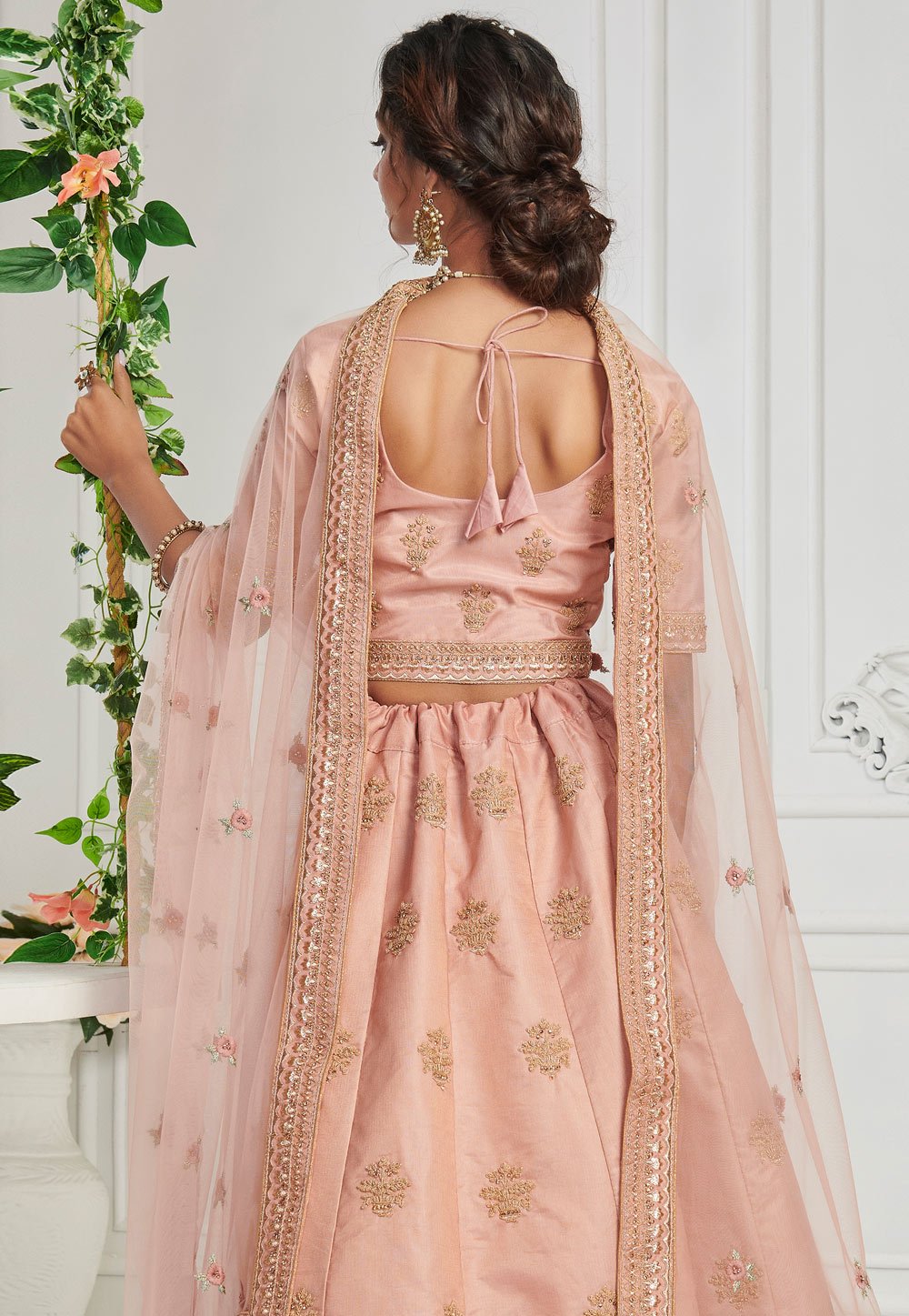 Peachy Pink Sequins Embroidered Silk Bridal Lehenga Choli