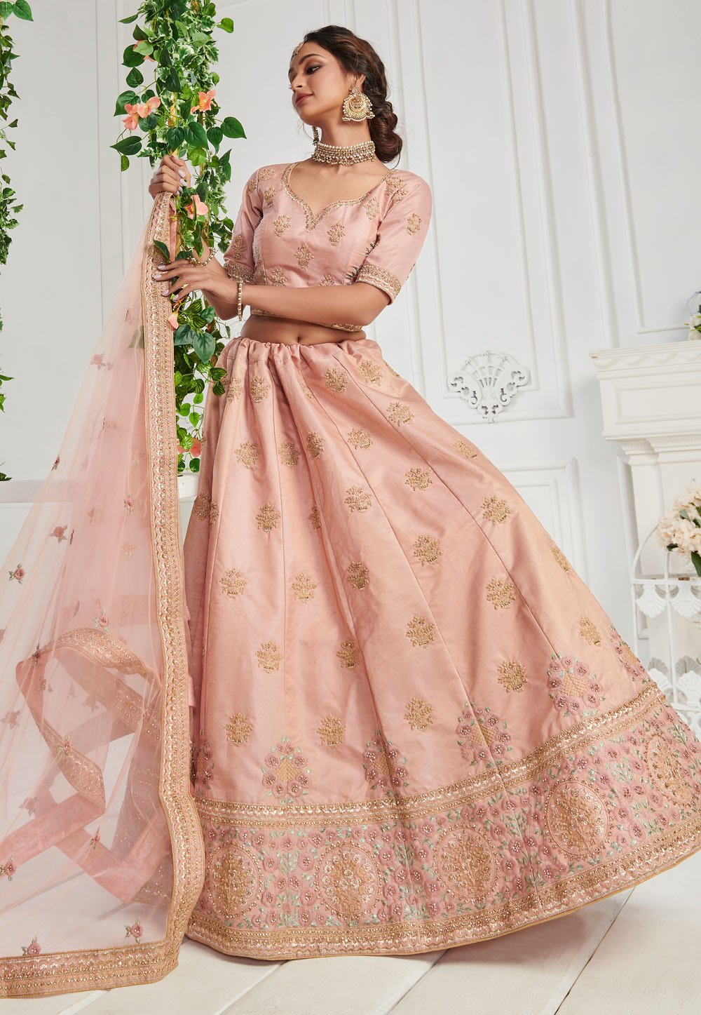 Peachy Pink Sequins Embroidered Silk Bridal Lehenga Choli