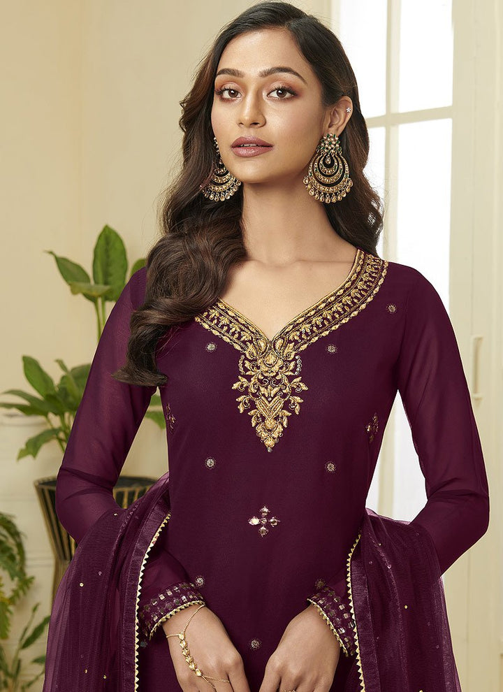 Wine Embroidered Faux Georgette Gota Work Sharara Suit