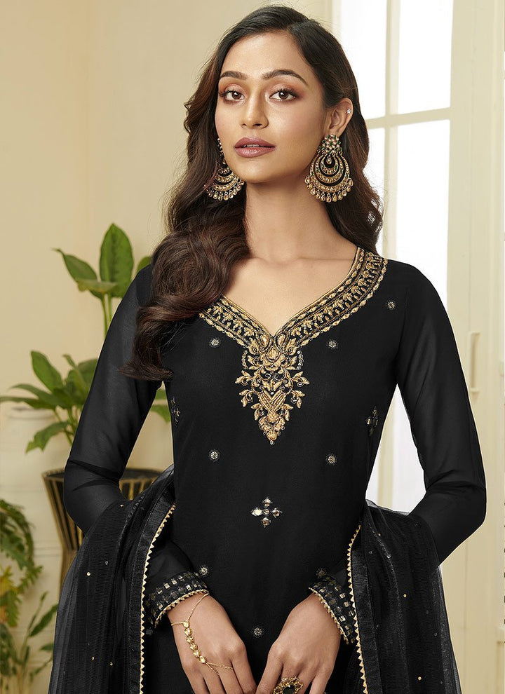 Black Embroidered Faux Georgette Gota Work Sharara Suit