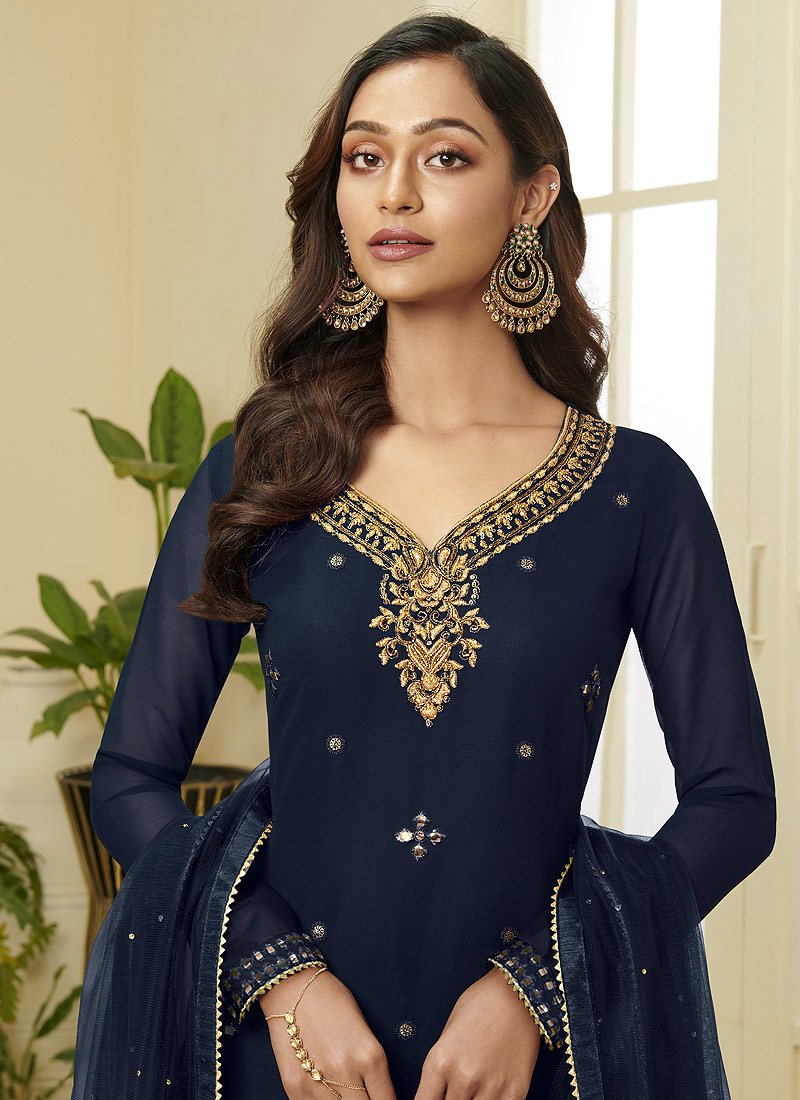 Navy Blue Embroidered Faux Georgette Gota Work Sharara Suit