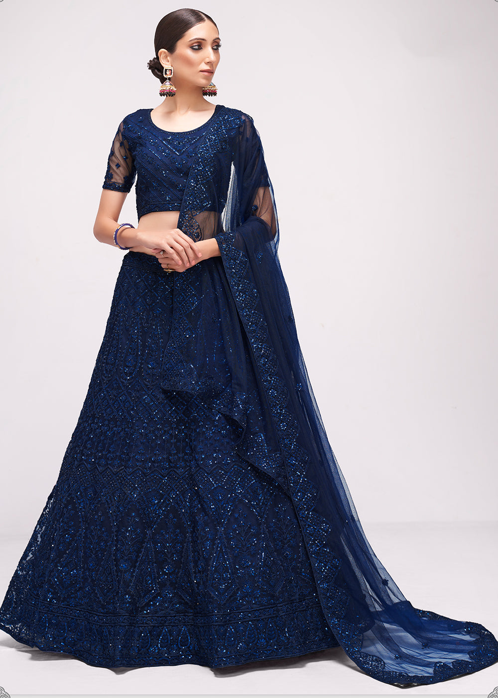 Buy Now Incredible Dark Blue Cording Designer Wedding Bridal Lehenga Choli Online in Canada, UK, USA & Worldwide at Empress Clothing.