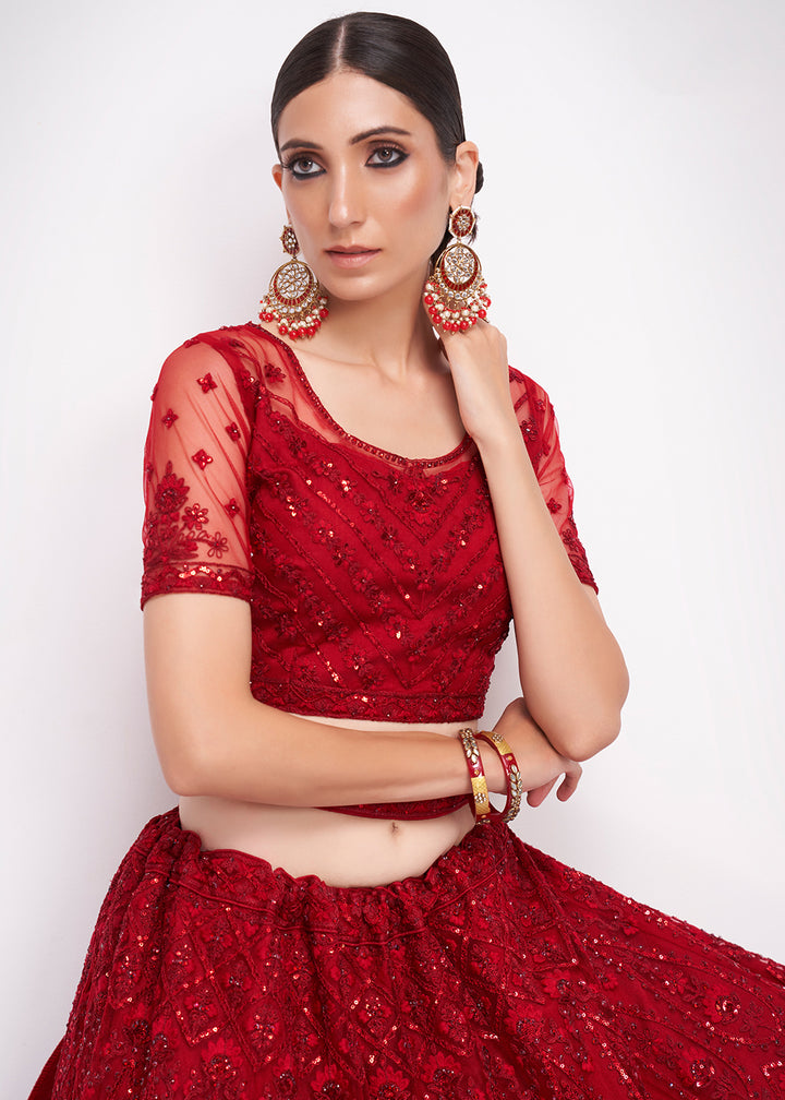 Buy Now Tempting Cherry Red Cording Designer Wedding Bridal Lehenga Choli Online in Canada, UK, USA & Worldwide at Empress Clothing.