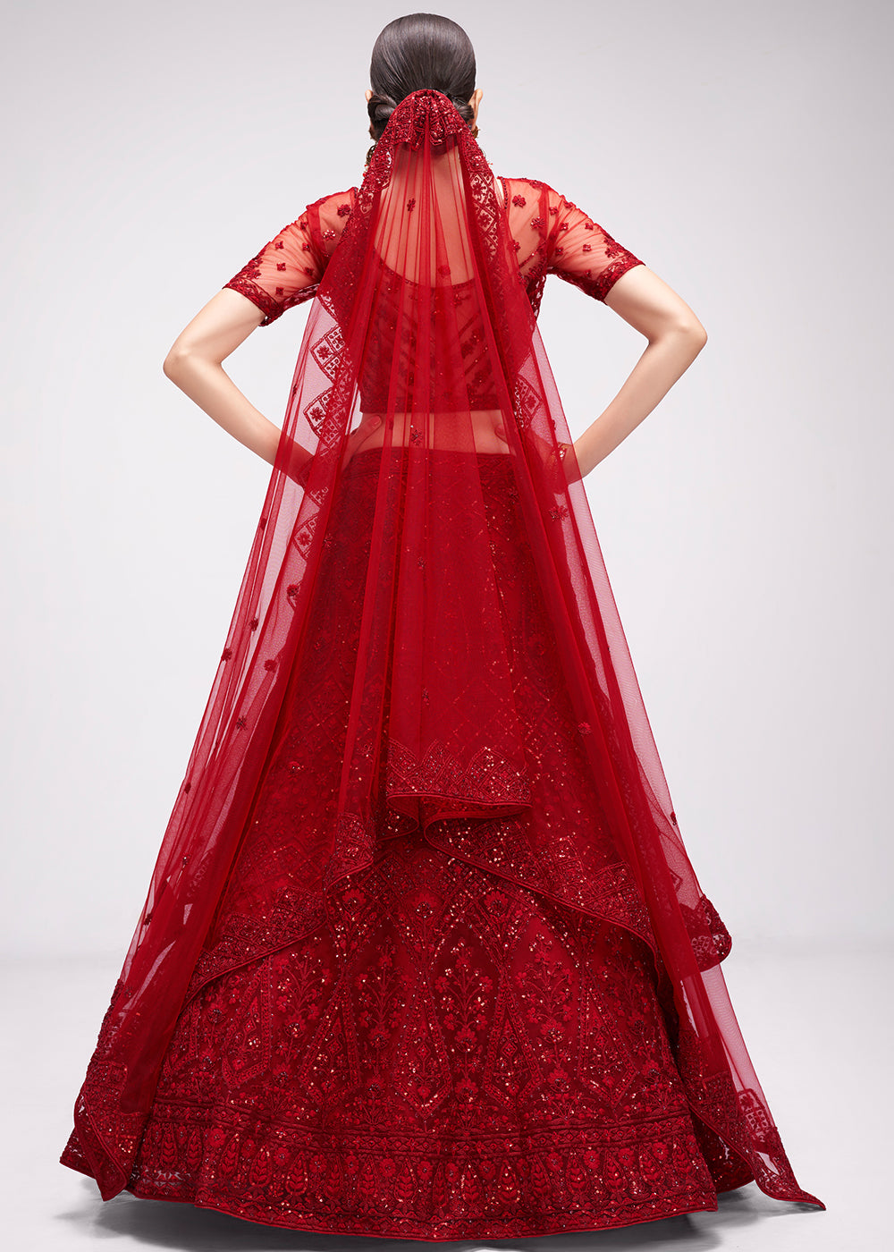Buy Now Tempting Cherry Red Cording Designer Wedding Bridal Lehenga Choli Online in Canada, UK, USA & Worldwide at Empress Clothing.