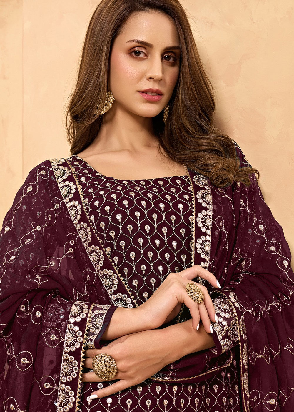 Buy Wine Maroon Party Style Suit - Designer Sharara Suit