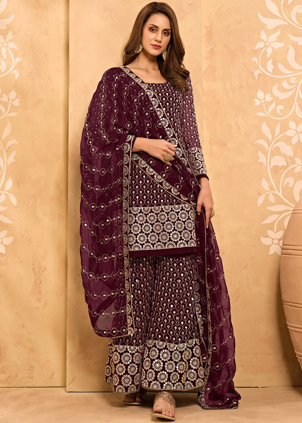 Buy Wine Maroon Party Style Suit - Designer Sharara Suit
