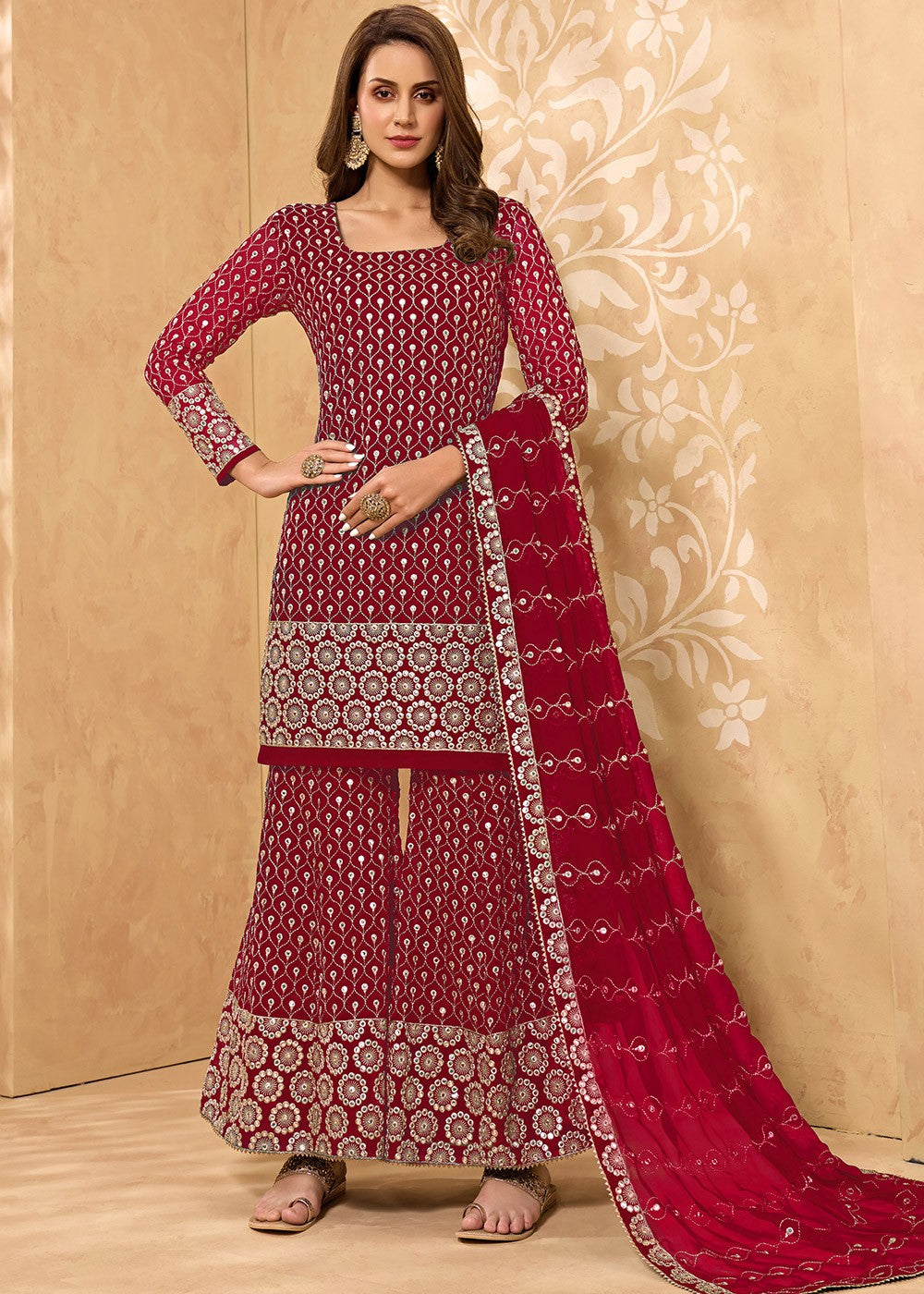 Buy Crimson Red Party Style Suit - Designer Sharara Suit
