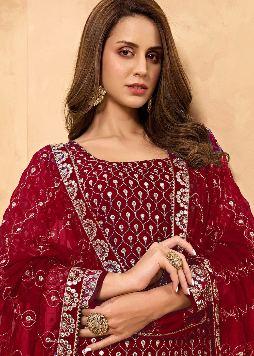 Buy Crimson Red Party Style Suit - Designer Sharara Suit