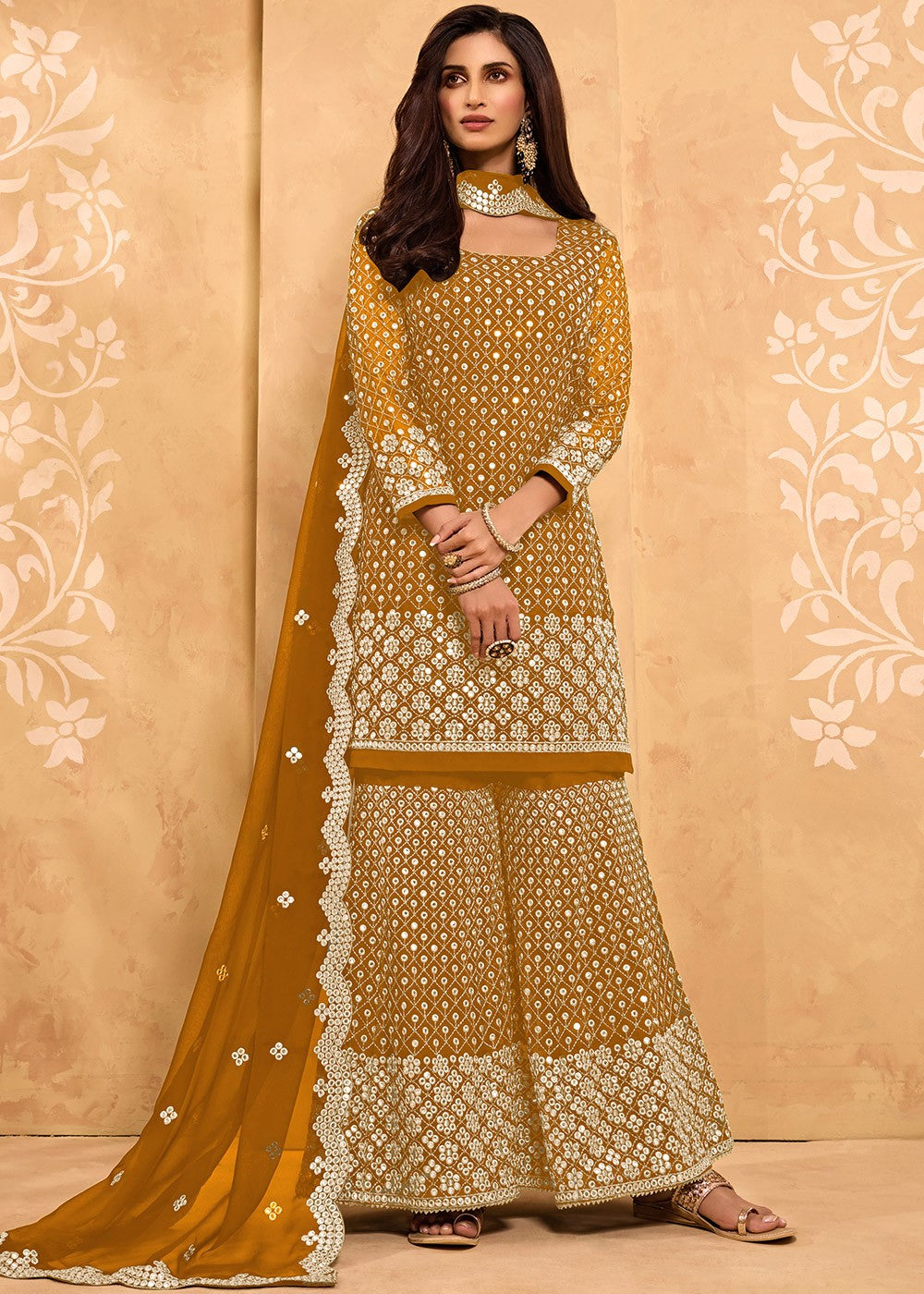 Buy Mustard Yellow Party Style Suit - Designer Sharara Suit