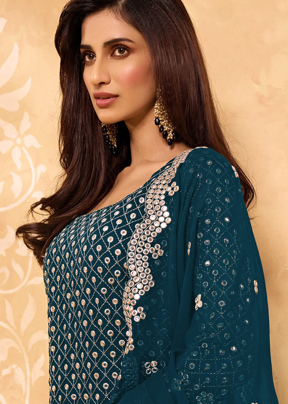 Buy Peacock Blue Party Style Suit - Designer Sharara Suit