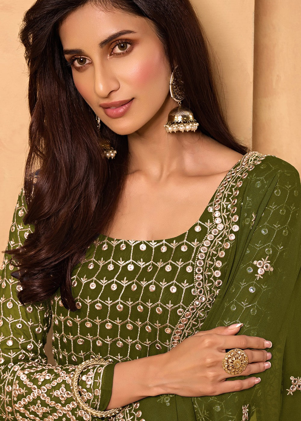 Buy Olive Green Party Style Suit - Designer Sharara Suit