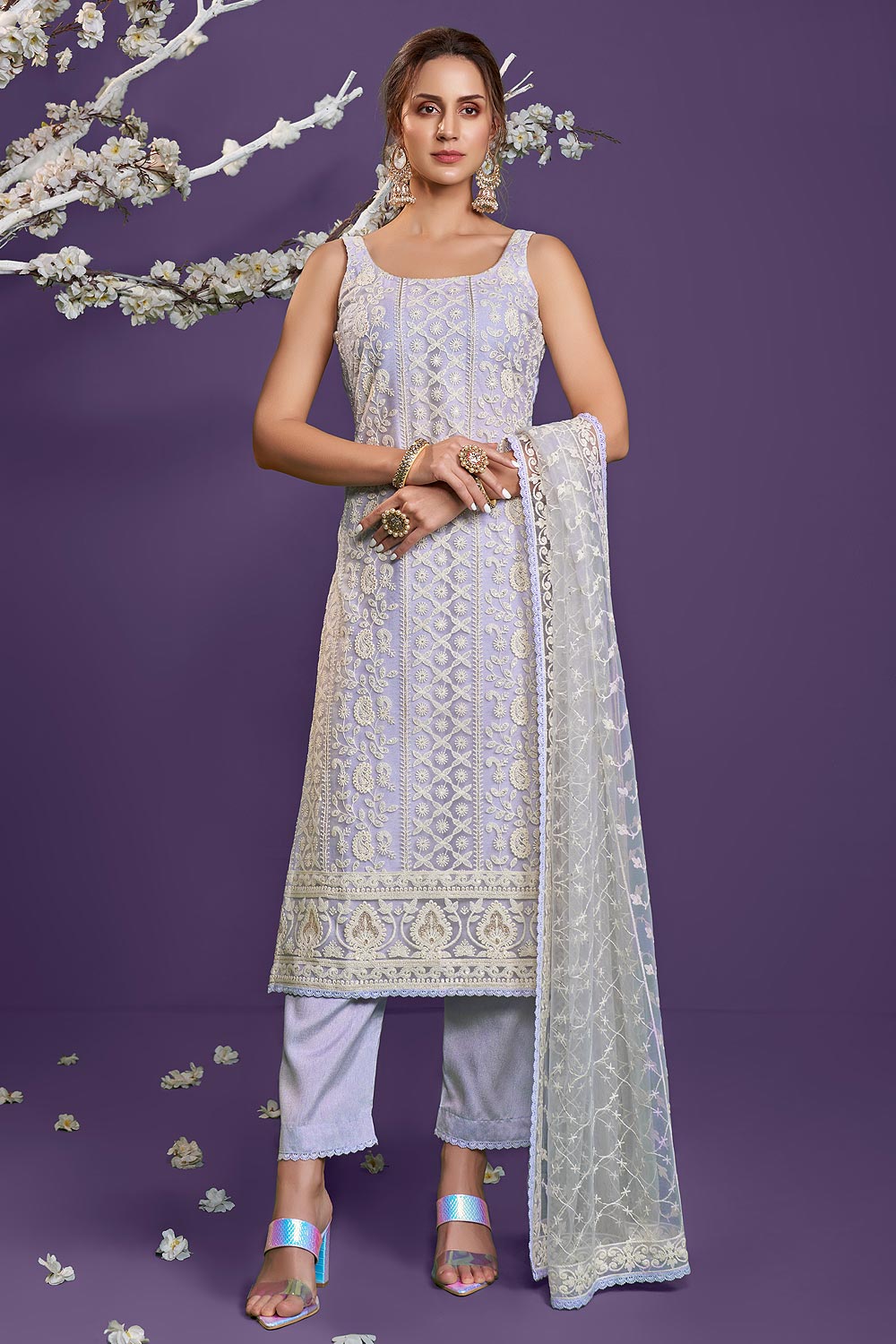 Buy Lavender Lucknowi Chikankari Suit - Pant Style Salwar Suit