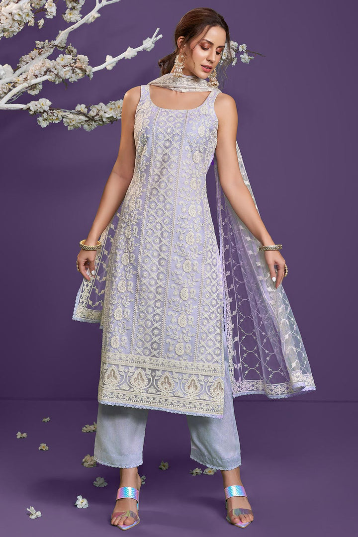 Buy Lavender Lucknowi Chikankari Suit - Pant Style Salwar Suit