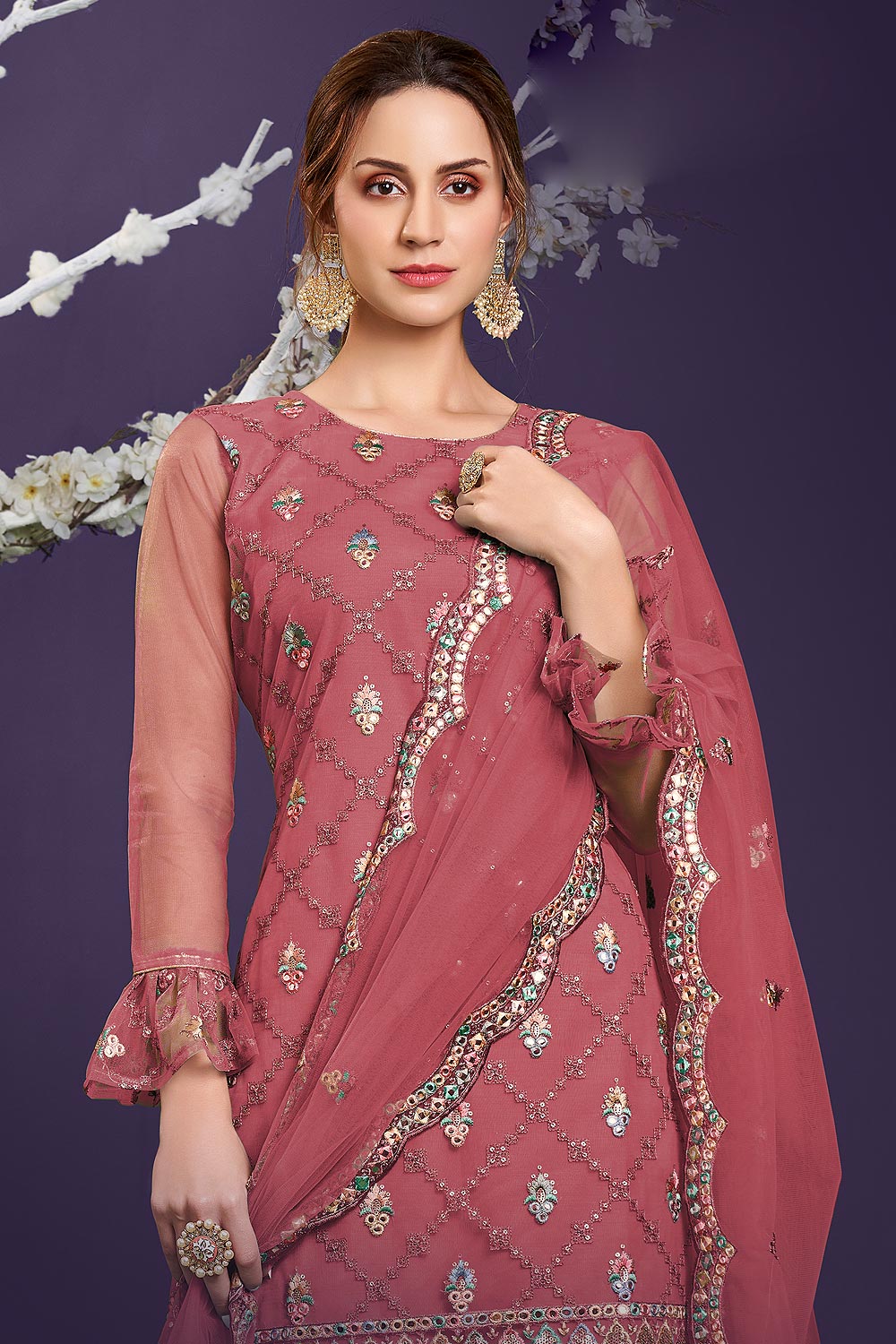 Buy Butterfly Net Rosewood Pink Sharara - Premium Embroidered Sharara