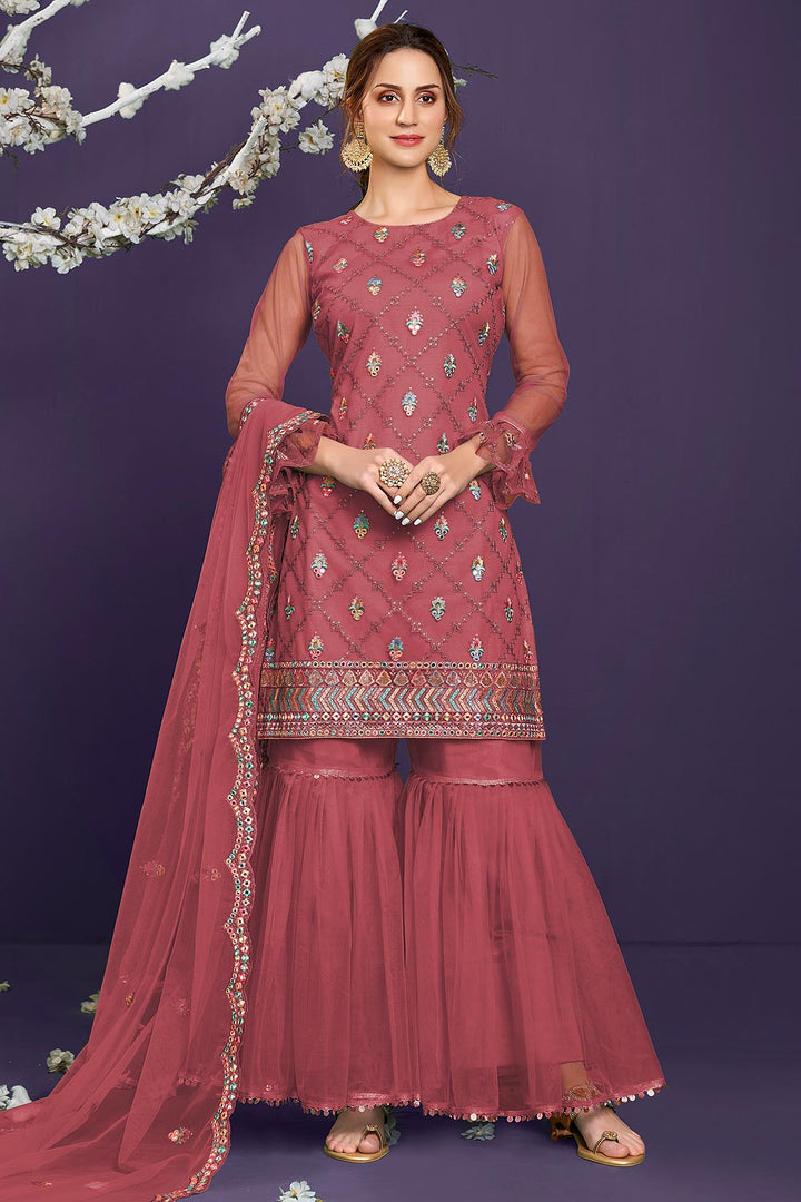 Buy Butterfly Net Rosewood Pink Sharara - Premium Embroidered Sharara