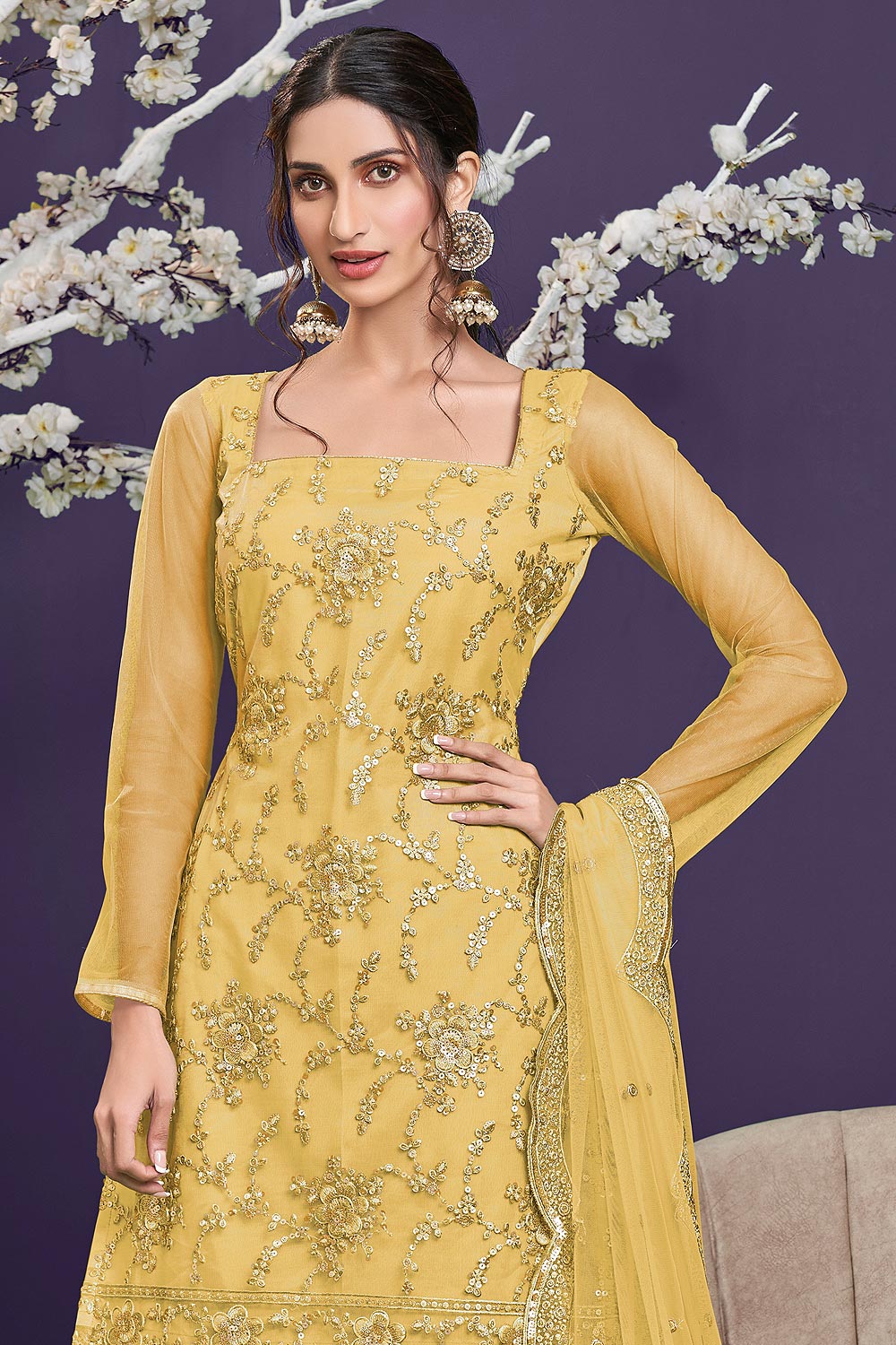 Buy Butterfly Net Yellow Sharara - Premium Embroidered Sharara Suit