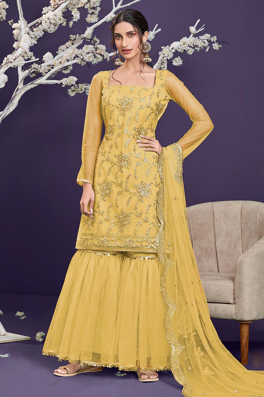 Buy Butterfly Net Yellow Sharara - Premium Embroidered Sharara Suit