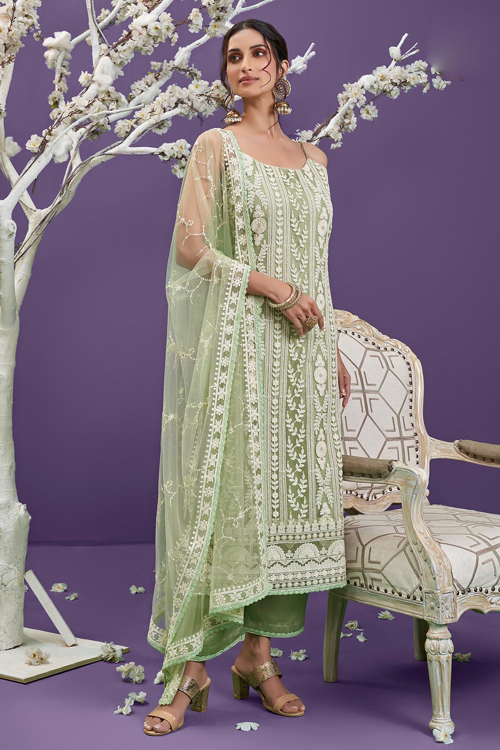 Buy Kaajh Green Lucknow Chikankari Suit Set (Set of 3) M at Amazon.in