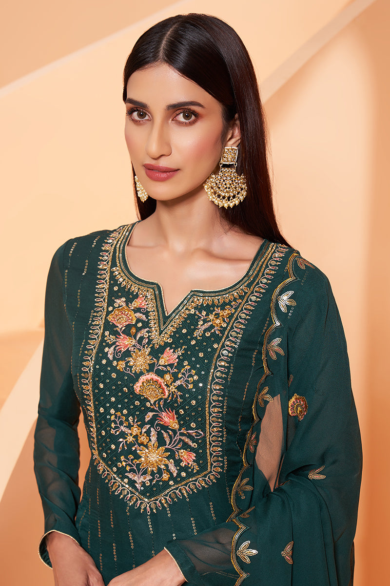 Buy Dark Green Designer Pakistani Style Suit - Sequins Sharara Suit