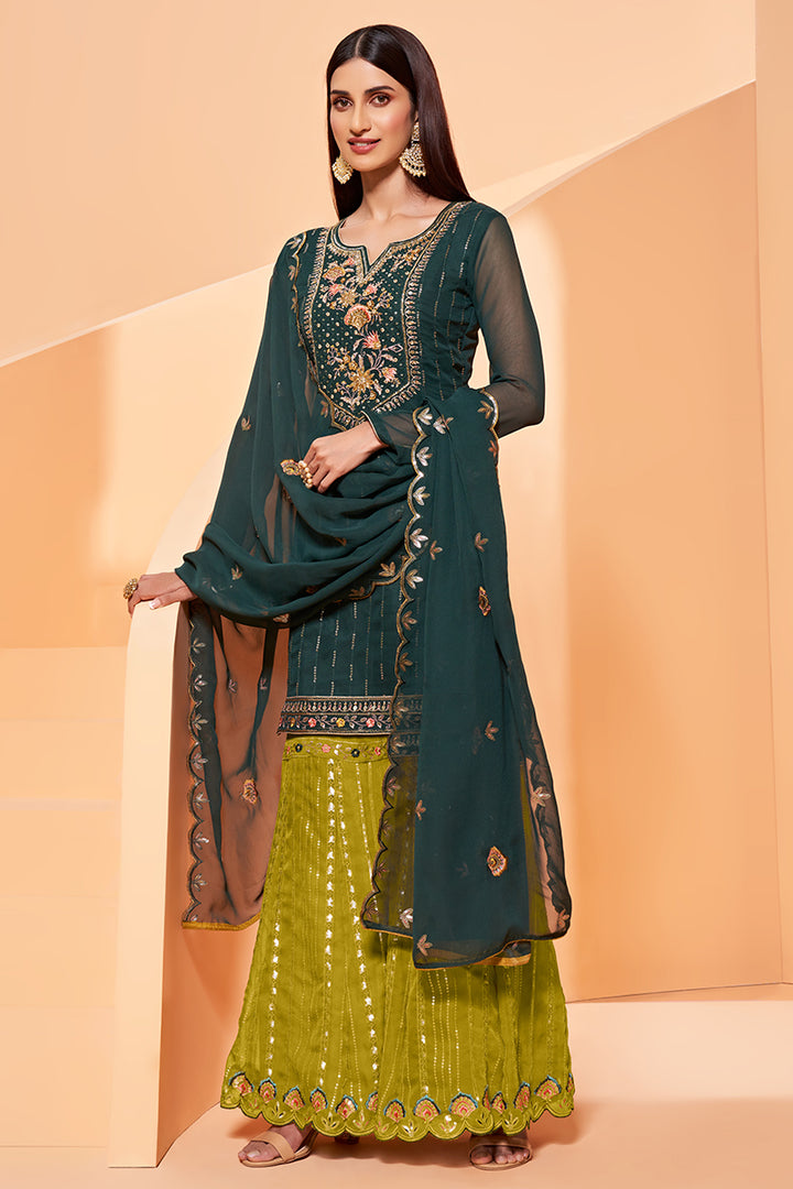 Buy Dark Green Designer Pakistani Style Suit - Sequins Sharara Suit