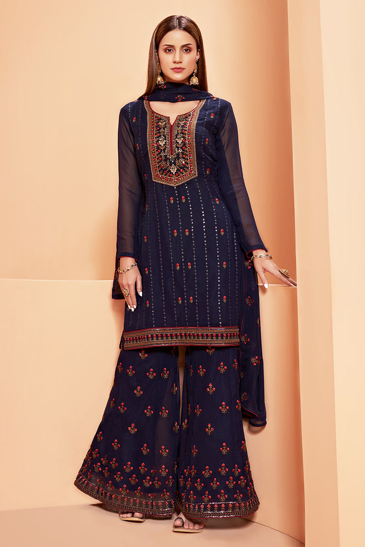 Buy Navy Blue Designer Pakistani Style Suit - Sequins Sharara Suit