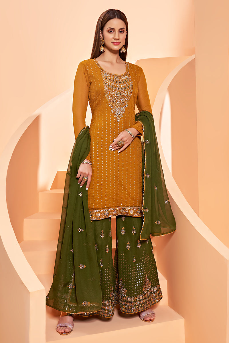 Buy Mustard Designer Pakistani Style Suit - Sequins Sharara Suit