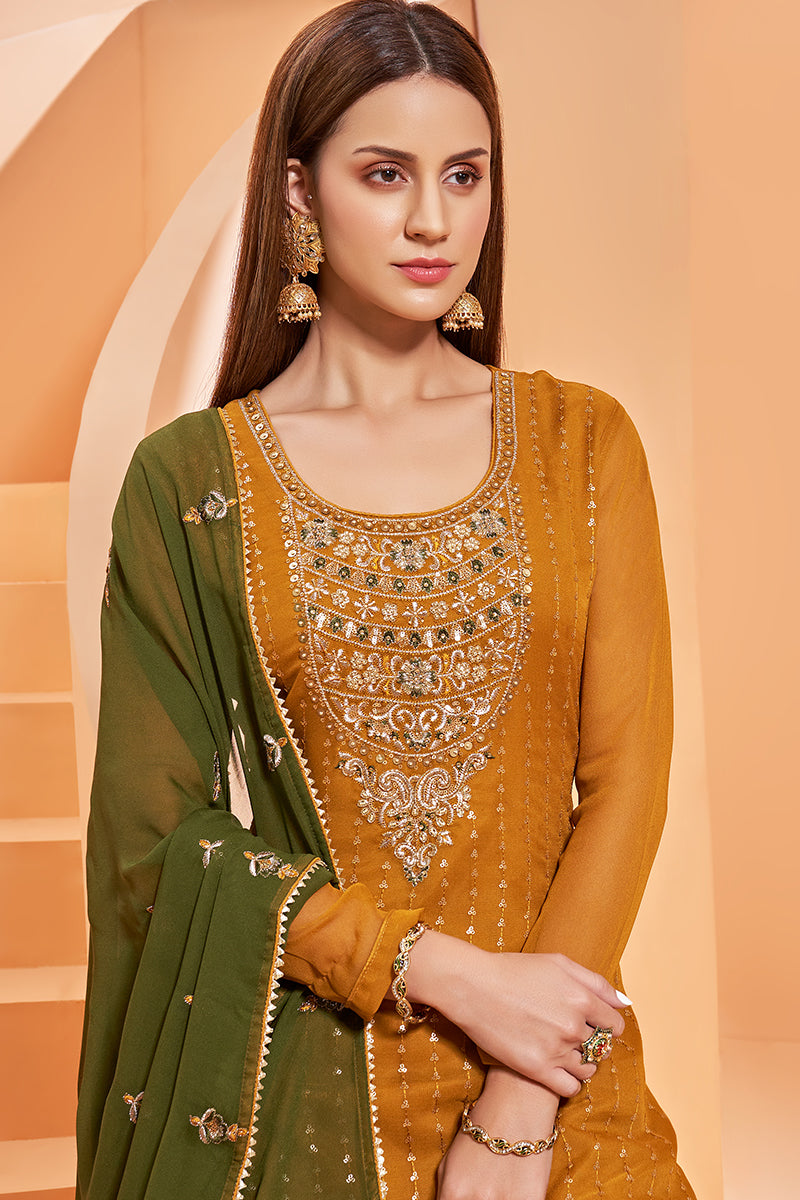 Buy Mustard Designer Pakistani Style Suit - Sequins Sharara Suit