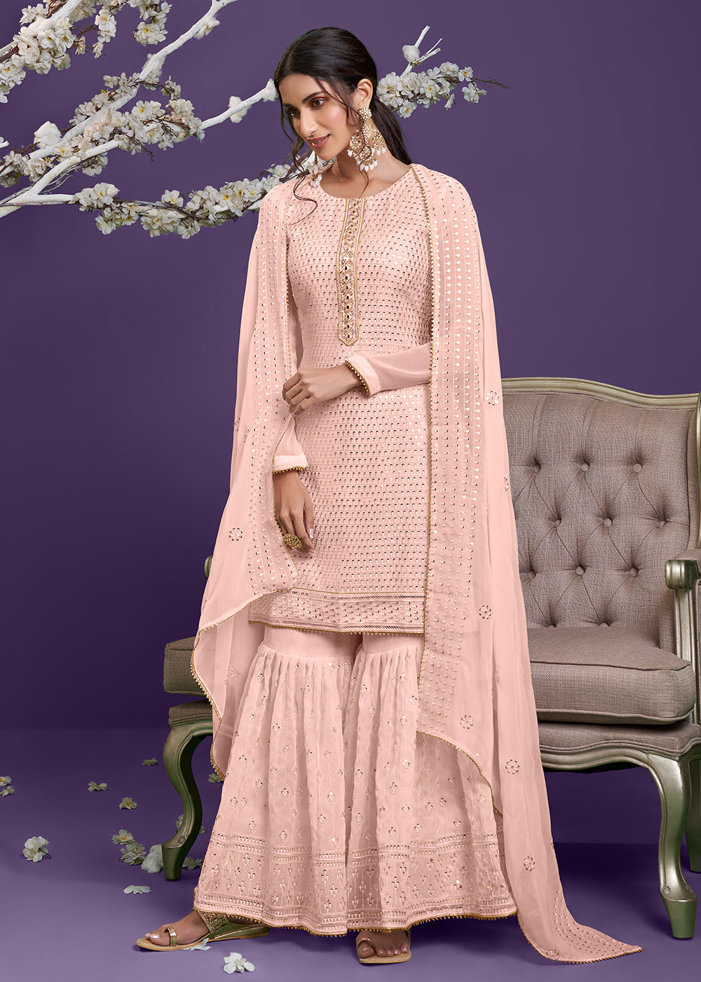 Shop Now Dusty Peach Khatli Work Embroidered Georgette Sharara Suit Online at Empress Clothing in USA, UK, Canada, Germany & Worldwide.