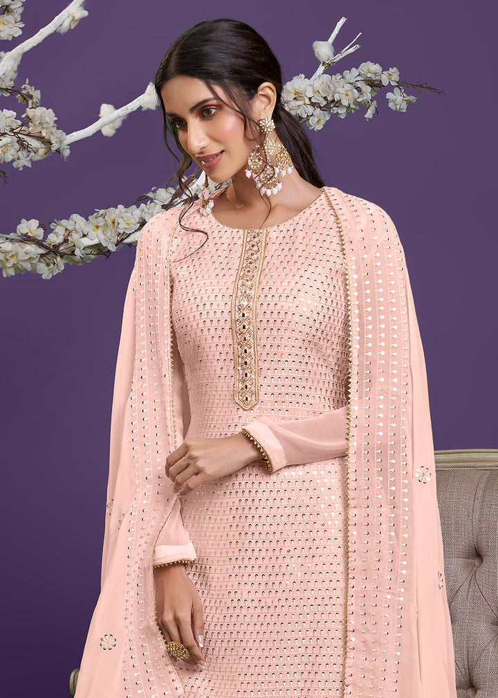 Shop Now Dusty Peach Khatli Work Embroidered Georgette Sharara Suit Online at Empress Clothing in USA, UK, Canada, Germany & Worldwide.