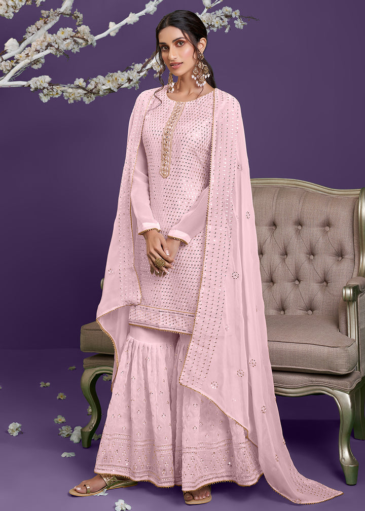 Shop Now Barbie Pink Khatli Work Embroidered Georgette Sharara Suit Online at Empress Clothing in USA, UK, Canada, Germany & Worldwide.