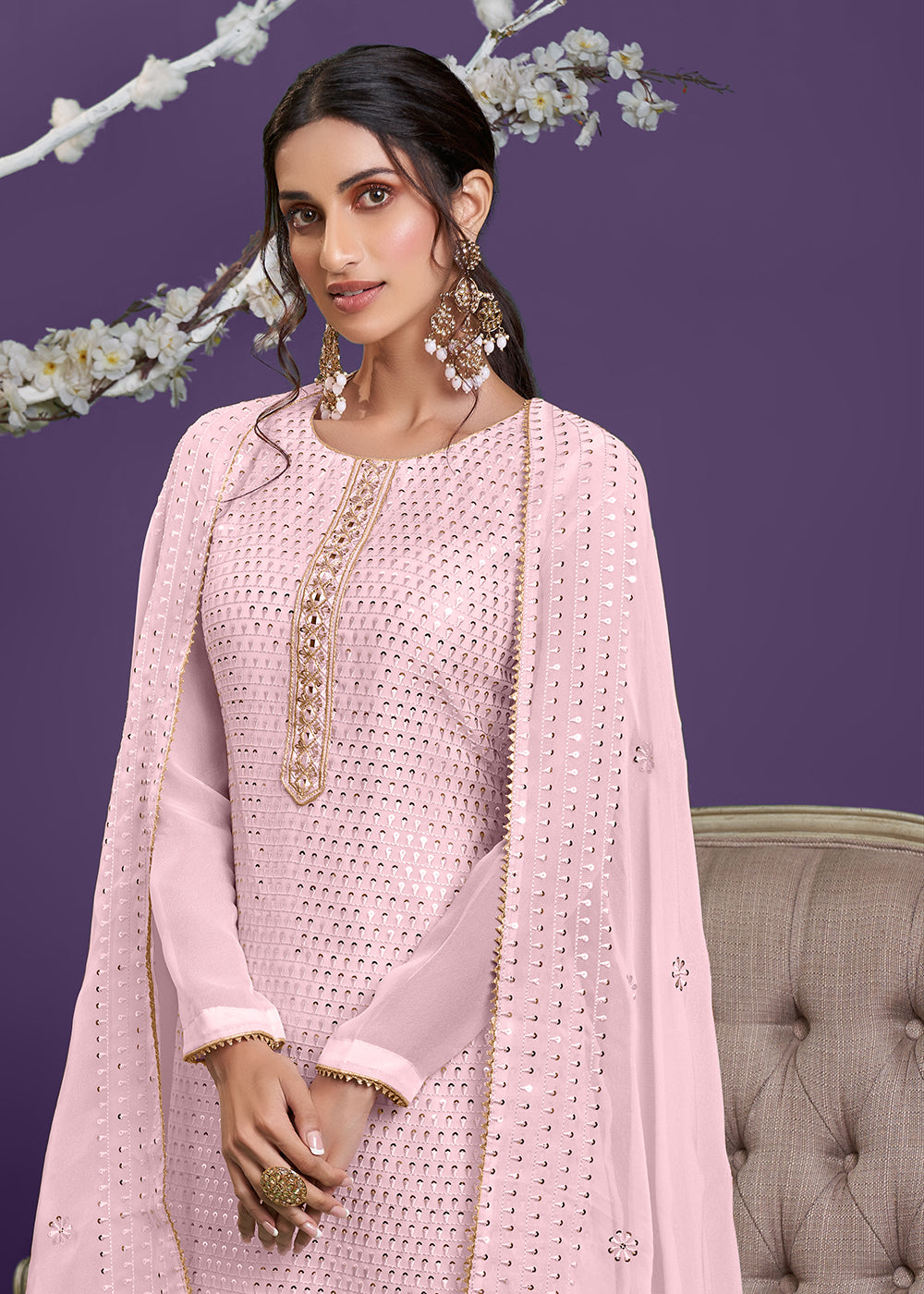 Shop Now Barbie Pink Khatli Work Embroidered Georgette Sharara Suit Online at Empress Clothing in USA, UK, Canada, Germany & Worldwide.