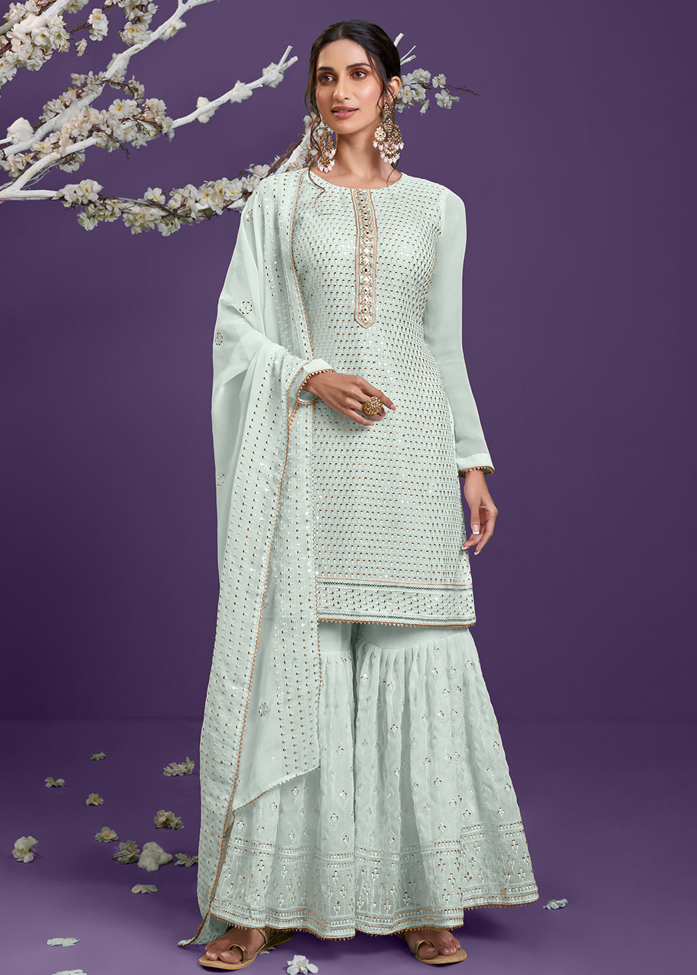 Shop Now Firozi Blue Khatli Work Embroidered Georgette Sharara Suit Online at Empress Clothing in USA, UK, Canada, Germany & Worldwide.