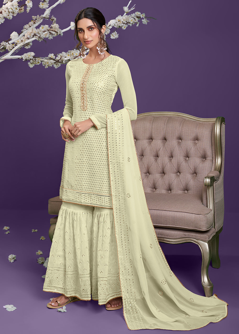 Shop Now Lemon Yellow Khatli Work Embroidered Georgette Sharara Suit Online at Empress Clothing in USA, UK, Canada, Germany & Worldwide. 