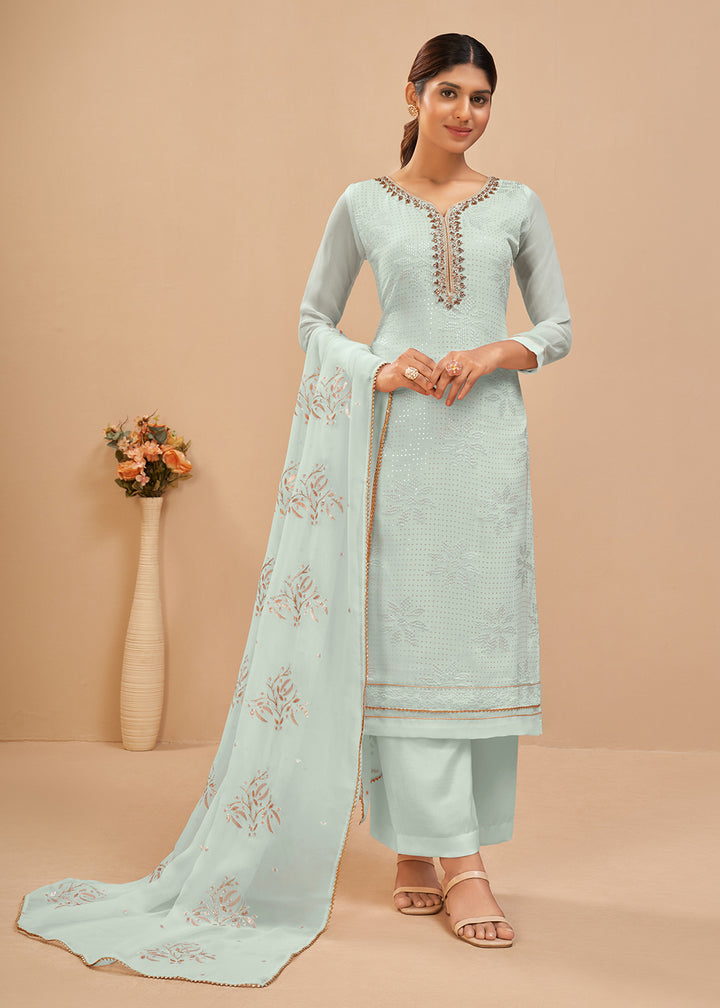 Buy Now Trendy Light Blue Sequins & Khatli Work Festive Palazzo Salwar Suit Online in USA, UK, Canada, Germany, Australia & Worldwide at Empress Clothing. 