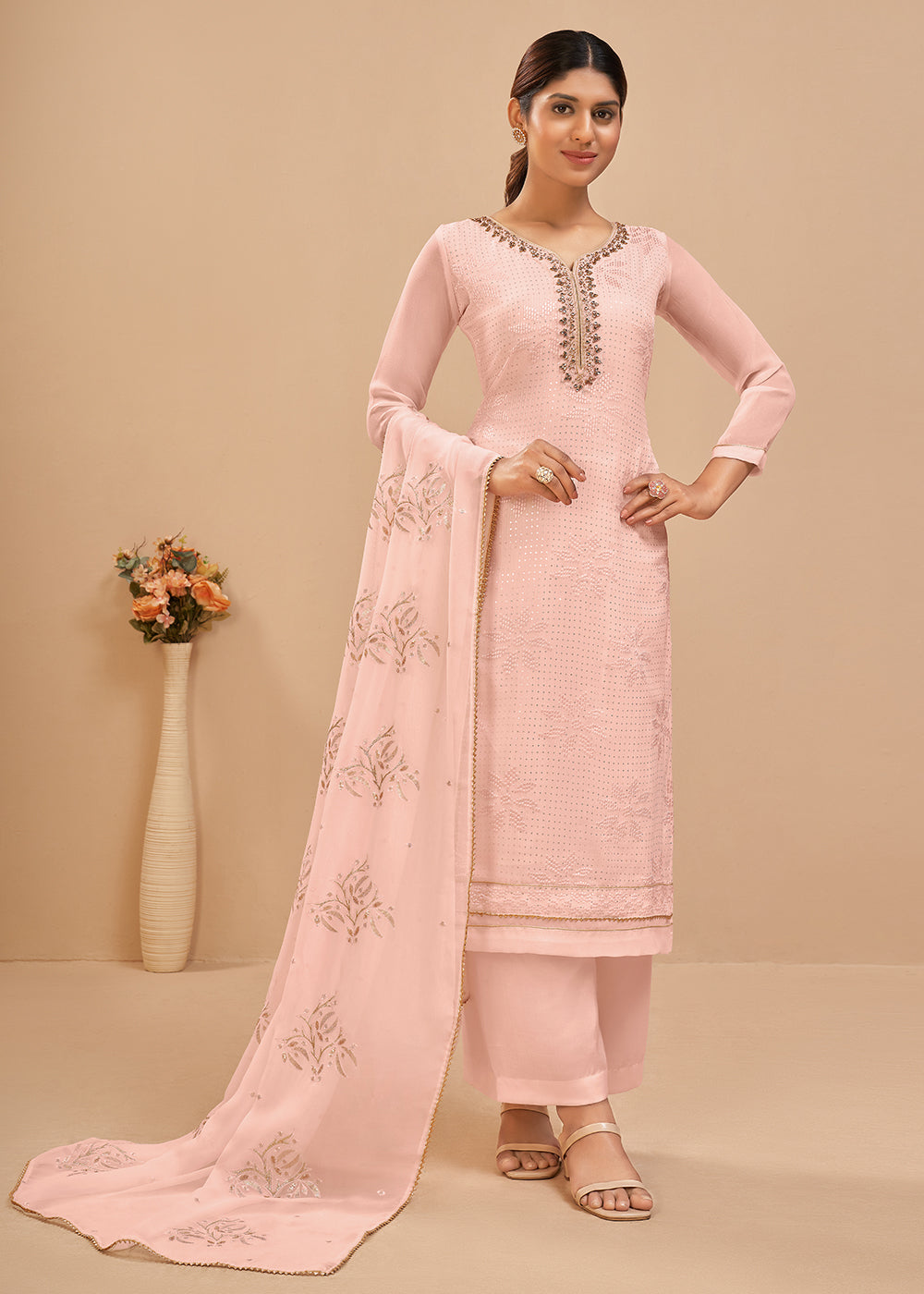 Buy Now Stunning Peach Sequins & Khatli Work Festive Palazzo Salwar Suit Online in USA, UK, Canada, Germany, Australia & Worldwide at Empress Clothing.