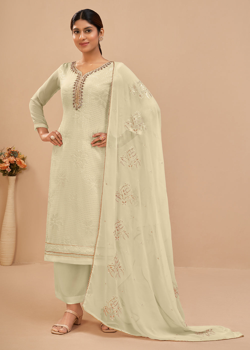 Buy Now Attractive Off White Sequins & Khatli Work Festive Palazzo Salwar Suit Online in USA, UK, Canada, Germany, Australia & Worldwide at Empress Clothing. 