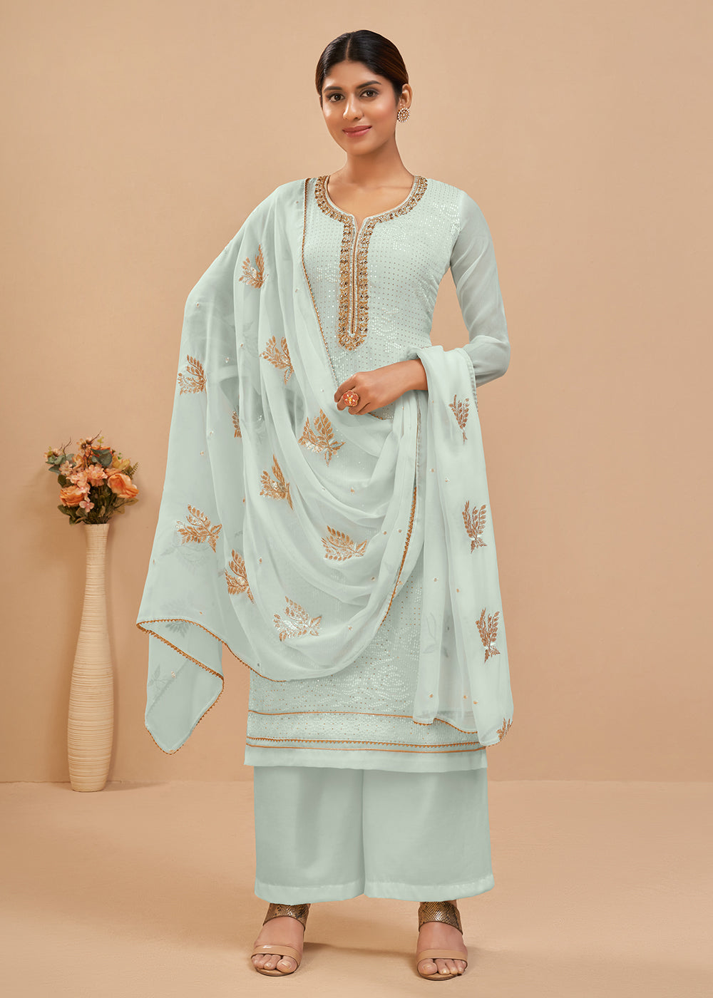 Buy Now Tempting Light Blue Sequins & Khatli Work Festive Palazzo Salwar Suit Online in USA, UK, Canada, Germany, Australia & Worldwide at Empress Clothing