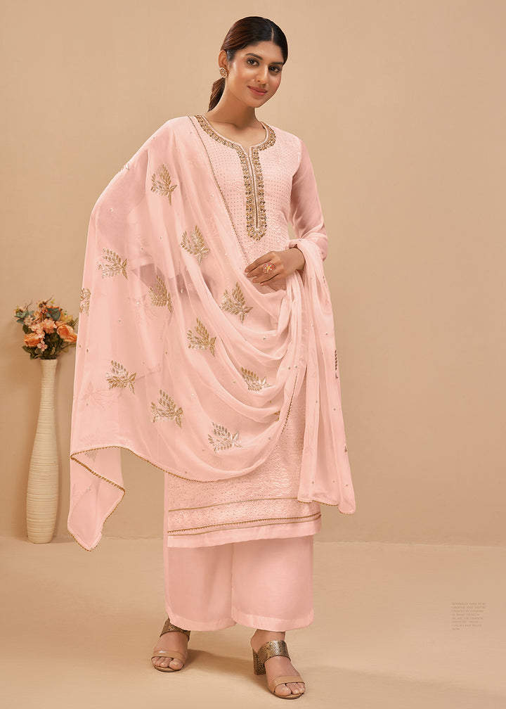 Buy Now Charming Peach Sequins & Khatli Work Festive Palazzo Salwar Suit Online in USA, UK, Canada, Germany, Australia & Worldwide at Empress Clothing. 