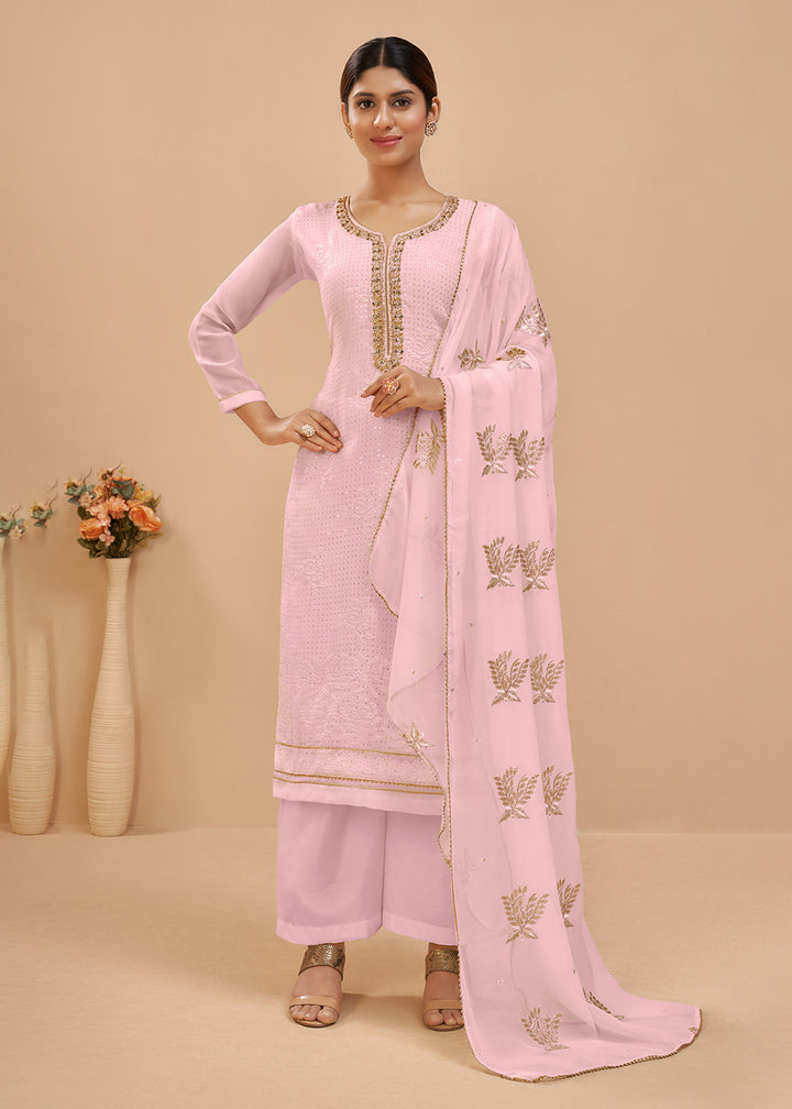 Buy Now Supreme Pink Sequins & Khatli Work Festive Palazzo Salwar Suit Online in USA, UK, Canada, Germany, Australia & Worldwide at Empress Clothing. 
