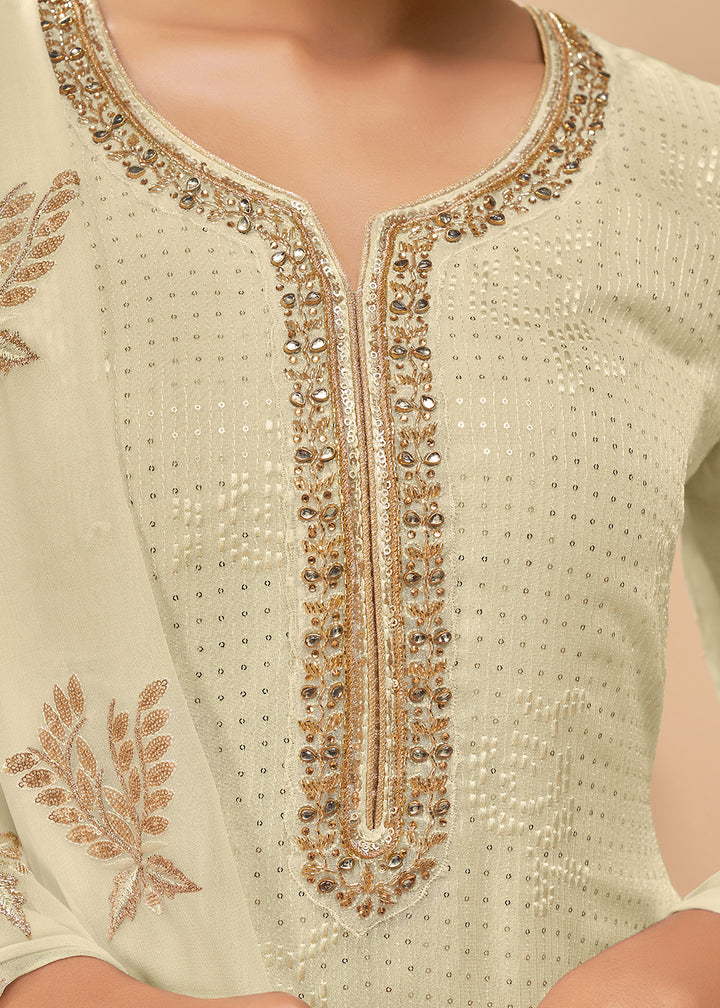 Buy Now Alluring Off White Sequins & Khatli Work Festive Palazzo Salwar Suit Online in USA, UK, Canada, Germany, Australia & Worldwide at Empress Clothing.