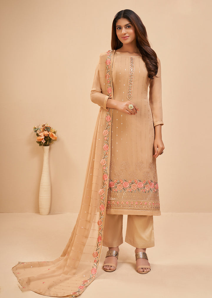 Buy Now Chikoo Beige Floral Embroidered Festive Pant Style Salwar Suit Online in USA, UK, Canada & Worldwide at Empress Clothing.