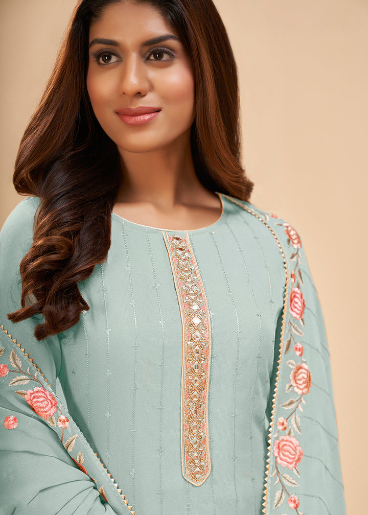 Buy Now Light Blue Floral Embroidered Festive Pant Style Salwar Suit Online in USA, UK, Canada & Worldwide at Empress Clothing.