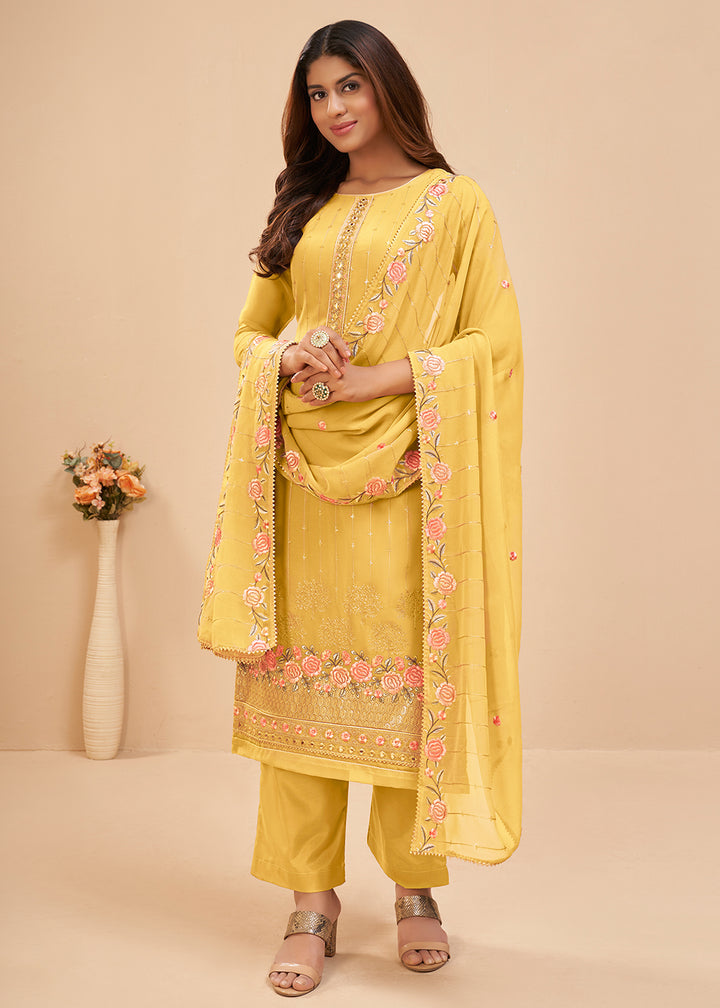 Buy Now Rich Yellow Floral Embroidered Festive Pant Style Salwar Suit Online in USA, UK, Canada & Worldwide at Empress Clothing.