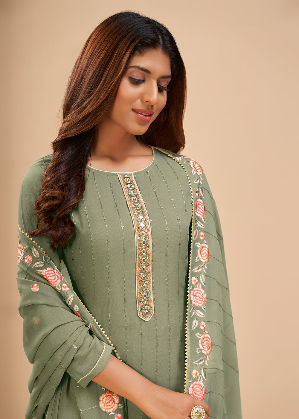 Buy Now Dusty Green Floral Embroidered Festive Pant Style Salwar Suit Online in USA, UK, Canada & Worldwide at Empress Clothing. 