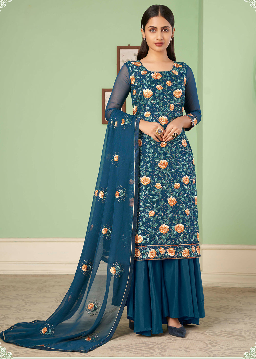 Buy Now Multi Thread Brilliant Teal Georgette Palazzo Salwar Suit Online in USA, UK, Canada & Worldwide at Empress Clothing. 