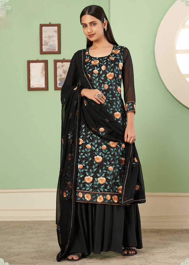 Buy Now Multi Thread Soothing Black Georgette Palazzo Salwar Suit Online in USA, UK, Canada & Worldwide at Empress Clothing.