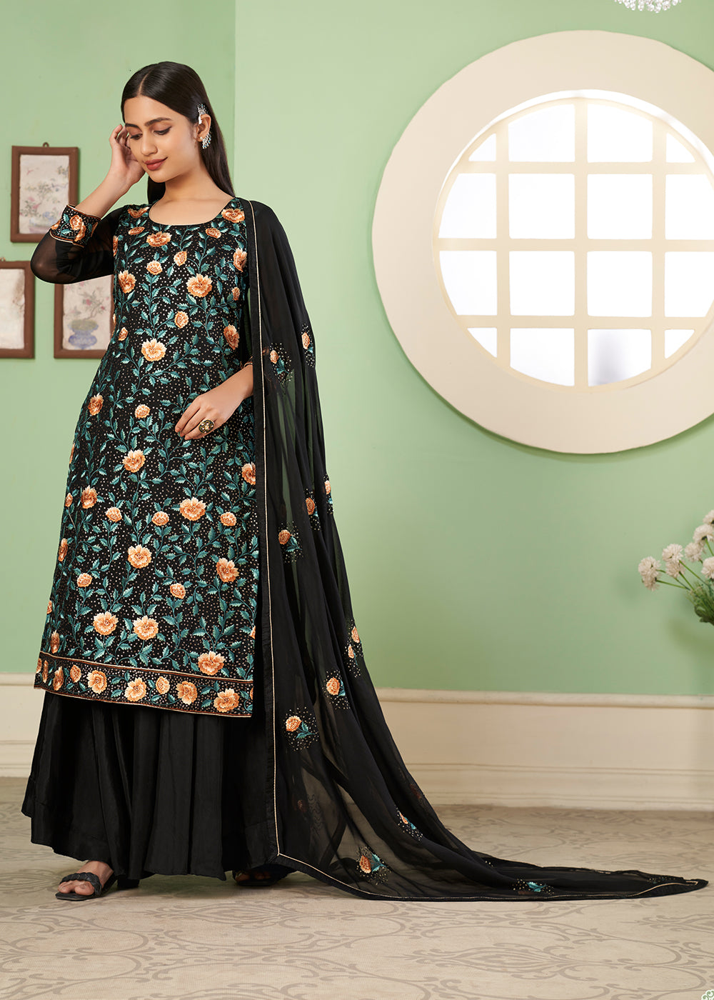 Buy Now Multi Thread Soothing Black Georgette Palazzo Salwar Suit Online in USA, UK, Canada & Worldwide at Empress Clothing.