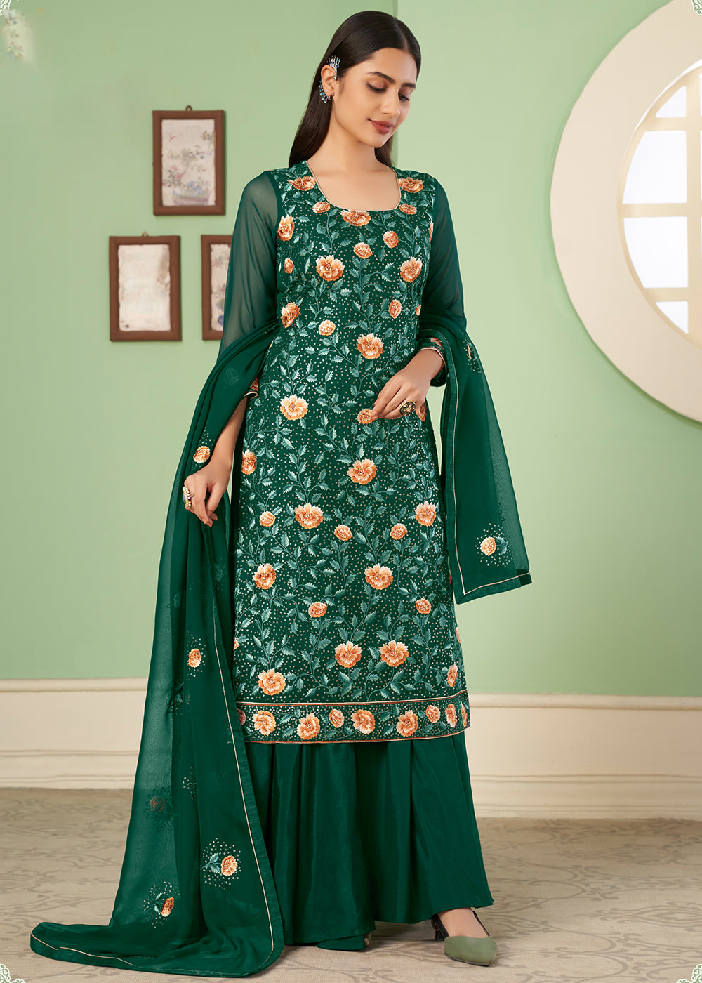 Buy Now Multi Thread Appealing Green Georgette Palazzo Salwar Suit Online in USA, UK, Canada & Worldwide at Empress Clothing. 
